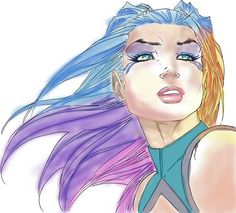 a drawing of a woman with blue and purple hair