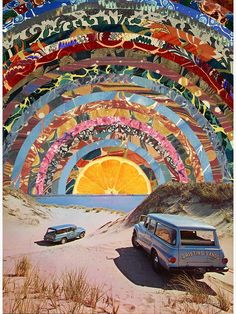 an old car is parked in front of a psychedelicly painted wall hanging on a white wall