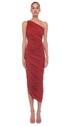 DIANA GOWN – Cinnamon – Norma Kamali Fitted Silk Draped Gown, Glamorous Draped One-shoulder Dress, Norma Kamali Diana Dress Styling, Diana Gown Norma Kamali, Norma Kamali Diana Dress, Gown One Shoulder, Diana Gown, Norma Kamali Dress, Edgy Classic