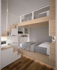 an instagram photo of a bedroom with bunk beds and drawers on the bottom level