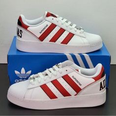 New Adidas Originals Superstar Xlg T White Red Black Shoes If6144 Product Details New With Box Lace Closure Product Color: Core White/Vivid Red/Black Product Code: If6144 Red Adidas Low-top Custom Sneakers, Custom Red Adidas Sneakers, Red Black Shoes, Red And Black Shoes, Adidas Slip, White Casual Sneakers, Color Core, Adidas Shoes Originals, Casual Athletic Shoes