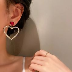 Chic Heart Huggie Hoop Earrings Earrings Model, Bling Fashion, Korean Earrings, Prom Earrings, Hollow Heart, Heart Dangle Earrings, Party Earrings, Heart Drop Earrings, Red Earrings