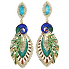 These beautiful peacock earrings features unique hand painted miniature art set in 18K gold, sterling silver and 1.7 carats of sparkling diamonds. FOLLOW MEGHNA JEWELS storefront to view the latest collection & exclusive pieces. Meghna Jewels is proudly rated as a Top Seller on 1stDibs with 5 star customer reviews. All items manufactured by us are handmade and can be customized or redesigned. Composition Size-52X19 MM Total Weight-14.07 Gold Weight(Gms)-1.249 Silver Weight(Gms)-12.341 Diamond Wt Elegant Earrings With Peacock Design For Gift, Elegant Peacock Design Earrings As Gift, Elegant Green Jewelry With Peacock Design, Elegant Enamel Jewelry With Meenakari, Elegant Peacock-colored Earrings As A Gift, Elegant Peacock-colored Earrings For Gift, Elegant Peacock Colored Earrings For Gift, Elegant Peacock Colored Earrings For Wedding, Elegant Peacock Earrings For Wedding