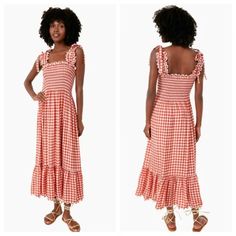 Ephemera Tuckernuck Gingham Plaid Dress Sold On Tuckernuck Cut From Gingham-Printed Crepe Material, The Terracotta Gingham Midi Dress Has An Easy, Summery Silhouette With A Smocked Bodice And Self-Tying Shoulder Straps. Detailing Such As The Embroidered Scallop Hems Throughout Make For A Fun And Flirty Outfit You Can Wear All Season Long. Layer It Over A Swimsuit And A Fresh Tan On Your Way To The Coast, Or Add Jewelry And Sandals To Go Directly From The Ocean To Waterfront Dining. Size 4 Pit-Pi Gingham Midi Beach Dress, Gingham Midi Length Beach Dresses, Gingham Midi Dress For Beach, Vacation Gingham Dress With Smocked Back, Plaid Beach Dress With Smocked Back, Plaid Dress With Smocked Back For Vacation, Gingham Midi Dress, Long Layer, Flirty Outfits