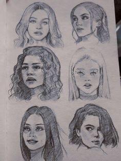 four different types of women's faces drawn on paper