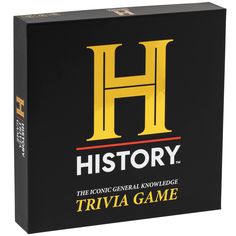 the history trivia game is shown in black and yellow packaging with gold letters on it