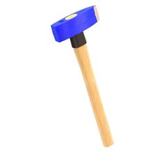 a blue hammer with wooden handle on a white background