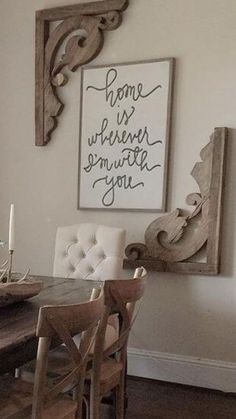 a dining room table with chairs and a sign on the wall above it that says, home is wherever somewhere you