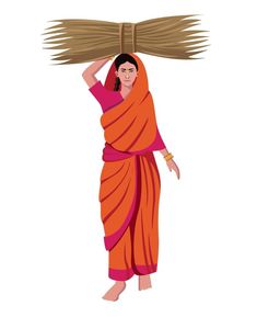 a woman in an orange and pink sari carrying a basket on her head with long hair