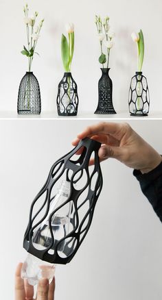 the vases are designed to look like they have been made out of plastic bottles