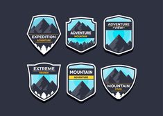 six badges with mountains and trees on them for an extreme mountain adventure company logo or badge