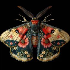 a colorful butterfly with long wings and flowers on it's back end, against a black background