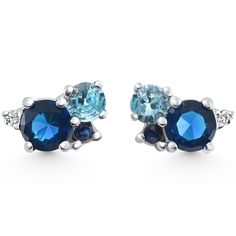 This matching pair of earrings features two round cut diamonds and six round cut gemstones; blue topaz, blue sapphire, and aquamarine.  All stones are set in solid 14k gold polished mountings.  14k screw backs secure these earrings. Blue Diamond Jewelry, Black Diamond Jewelry, Rose Gold Fashion, Hydrangea Bouquet, Gemstone Hoop Earrings, Wedding Ring For Her, Gold Rings Fashion, Studded Necklace, Mens Gold Bracelets