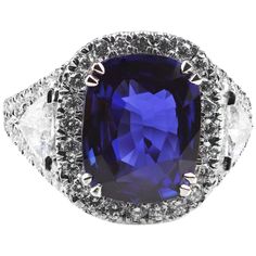 Certified Sapphire, Royal Blue Natural Unheated Sapphire, and Diamond Ring, set in an excellent quality hand-made mount in platinum with English/British hallmarked London 2016, Platinum 950, sponsor mark "ALDN" for Asprey London. High jewellery statement ring, centering royal blue colour, cushion shape sapphire, surrounded by melee round brilliant cut diamonds and two trillion cut diamonds on shoulders which shines and glistening. 1 x Sapphire weight 5.54 cts (the fantastic cut gives the appeara Royal Rings, 45th Wedding Anniversary, Fancy Sapphire, Principe William, Pear Cut Engagement Rings, High Jewellery, Sapphire And Diamond Ring, Diamond Jewelry Designs, Princesa Diana