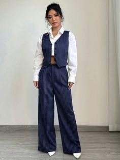 Women's Casual Striped Blazer Vest And Long Pants Suit Navy Blue Elegant    Colorblock,Plain  Non-Stretch  Women Clothing, size features are:Bust: ,Length: ,Sleeve Length: Women Suits Vest, Pant Suit Ideas For Women, Vest And Suit Women, Women’s Pants Suit, Pan Suits For Women, Colorful Suit Women, Shein Suits For Women, Corporate Fits Women, How To Style A Suit