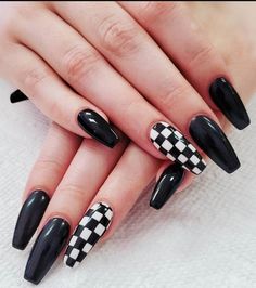 Black And White Gothic Nails, Black Nails With Checkered Accent Nail, Race Nails Designs Checkered Flag, Checkard Nails Art, Black Checkered Nails, Black And White Checkered Nails, Checkered Nail Designs, F1 Nails, Jikook Wallpaper