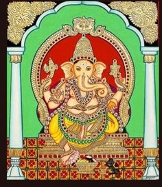 an elephant sitting on top of a table next to a green and red wallpaper