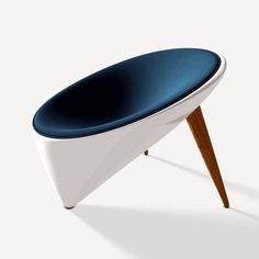 a white and blue chair with wooden legs on a gray background, the seat is shaped like an oval