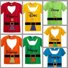 six different t - shirts with the names of each character