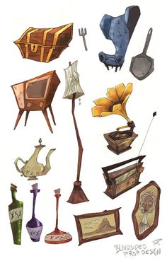 an image of various items that are in watercolor and ink on paper, including antiques