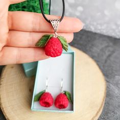 Raspberry earrings and necklace set is a weird, funny, funky, quirky kidcore berry jewelry. Raspberry and leaves look like real. Raspberry earrings is a great Christmas gift, or gift for her for any occasion. You can choose earrings, necklace or set.You can order a raspberry charm, pendant or keychain, I will make it for you very quickly. Just write to me and I will create custom listing.Be the most unique! SIZE: Look at the photo with ruler. Each product is unique and inimitable because it is t Weird Jewelry Necklace, Fun Pink Fruit Design Jewelry, Cute Fruit Design Earrings, Berry-colored Fruit Design Earrings For Gift, Fruit Ear Rings, Berry Jewelry, Raspberry Earrings, Crazy Earrings, Weird Funny