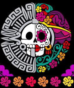 a colorful skull with flowers on it's head and the words, day of the dead written in white