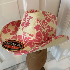 Ladies, Pink And White Floral, Cowboy Hat By Scala Pronto. New With Tags. White Fitted Summer Fedora, Fitted White Summer Fedora, White Fitted Summer Sun Hat, Fitted White Summer Sun Hat, White Fitted Hat For Beach, Casual Pink Fedora For Summer, White Fitted Hat For The Beach, Fitted White Beach Hat, Fitted Casual Beach Hats