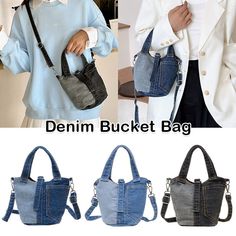 Specification: Material: denim cloth Lining texture: polyester Popular elements: contrasting colors Color: black, blue, navy blue Upper width: 22CM Bottom width: 12CM Height: 17CM Thickness: 12CM Handheld height: 14CM Shoulder strap length: 112CM, adjustable Package included: 1 X  Denim bucket small bag Denim Crossbody Shoulder Bag For Shopping, Trendy Denim Bucket Shoulder Bag, Denim Crossbody Shopping Bag, Denim Crossbody Bag For Shopping, Trendy Bucket Satchel With Pockets, Trendy Shoulder Bucket Bag With Pockets, Trendy Denim Bucket Bag, Spring Denim Crossbody Bag, Denim Crossbody Shoulder Bag With Mobile Phone Pocket