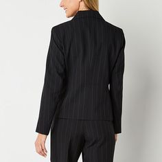 Made from a soft, woven fabric, this single-breasted women's pinstripe blazer by Black Label by Evan-Picone looks great layered over a camisole paired with its matching trousers. It's cut for a classic-fit with a notch lapel collar, long sleeves, side flap pockets, and a button closure.Front Style: Single BreastedClosure Type: ButtonFit: Classic FitPockets: 2 Front Flap PocketsSleeve Length: Long SleeveSleeve Style: Fitted SleeveApparel Length: 23.5 InchesFiber Content: 98% Polyester, 2% Viscos… Pinstripe Notch Lapel Blazer For Office, Pinstripe Blazer With Suit Collar For Office, Tailored Pinstripe Blazer For Work, Striped Single-breasted Blazer For Office, Striped Long Sleeve Office Suits, Tailored Pinstripe Blazer For Office, Pinstripe Blazer With Lapel Collar For Work, Pinstripe Outerwear With Suit Collar For Office, Elegant Pinstripe Outerwear For Office