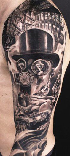 a man's half sleeve with an image of a steampunk