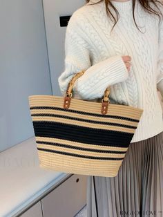 BagForLove - Chic Striped Straw Bag Product Description Color Khaki Strap Type Double Handle Pattern Type Striped Style Vacation Type Crochet Bags Bag Size Oversized Material Fabric Composition 100% Polyester Size Chart INCH CM Bag Length Bag Width Bag Height Handle Height 17.7 inch 4.3 inch 10.6 inch 4.7 inch Bag Length Bag Width Bag Height Handle Height 45 cm 11 cm 27 cm 12 cm Details Pictures Similar Products h2 { text-align: center; } /* æ¢è¡ */ li{ white-space: normal; word-break: break-a Straw Tote, Crochet Bags, Color Khaki, Crochet Bag, Effortless Style, Straw Bag, Timeless Design, Straw, Stripes