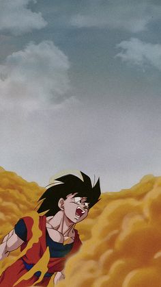 a cartoon character running through the sand with his mouth open and eyes closed, in front of a cloudy sky