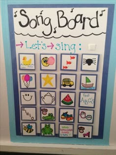 an image of a bulletin board with pictures on it and the words, song board lets sing