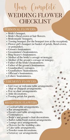 Flower checklist for wedding flower arrangements List Of Wedding Flowers Needed, Backyard Wedding Checklist, Wedding Flower Checklist, Wedding Decor Checklist, Wedding Ceremony Checklist, Wedding Planning Checklist Detailed, Mother Of Bride Corsage, Chic Wedding Reception, Wedding Flower Guide