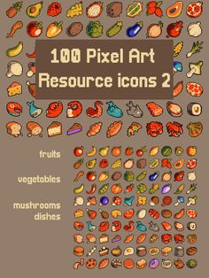 a large collection of fruit and vegetables with the words'100 pixel art resources 2 '