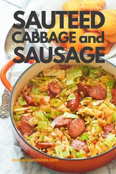 a red pot filled with cabbage and sausage