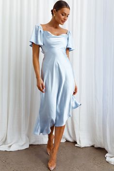 Grayson Tied Back Asymmetrical Midi Dress Steel Blue Blue Dress Midi, Steel Blue Dress, Selfie Leslie, Asymmetrical Midi Dress, Angel Sleeves, Blue Cocktails, Blue Bridesmaids, Iron Material, Cowl Neckline