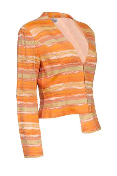 Get ready to sparkle and shine at the office in this gorgeous Bob Mackie blazer! The designer-to-the-stars takes this classic professional staple and gives it a glam upgrade with a colorful wavy striped design and dazzling beading throughout. A stunning vintage piece that's sure to take your professional wardrobe from drab to fab! Throw on over a crisp button-up and sleek slacks for one bold and beautiful boss lady ensemble! Size 8 No fabric content available, feels like linen or linen blend Fro Designer Evening Blazer For Spring, Designer Spring Evening Blazer, Designer Fitted Blazer For Spring, Designer Blazer For Night Out In Spring, Designer Spring Blazer For Night Out, Spring Evening Silk Blazer, Spring Silk Evening Blazer, Silk Evening Blazer For Spring, Tailored Glamorous Spring Blazer