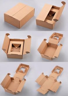 four different views of an open cardboard box