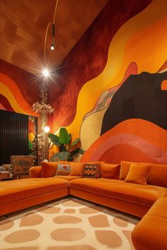 an orange couch sitting in front of a large painting on the side of a wall