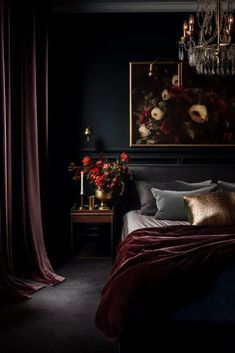 a bedroom with black walls and red drapes on the window sill, dark bedding