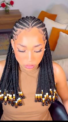 Cornrows Braids For Black Women Beads, Black Braided Hairstyles Cornrows, Cute African Braids, Braided Hairstyles With Cornrows, Cornrows Styles With Beads, Corn Roll Box Braids, All Back Cornrow Braids, Braids For Summer 2024, Cornrows And Singles In The Back