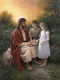 a painting of jesus talking to two children