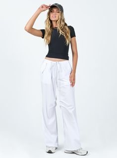 Parachute pants  92% nylon / polyamide 8% elastane   Length of size US 4 / AU 8 waist to hem: 104cm / 40.9in  Elly is wearing a size US 2 / AU 6    Elasticated drawstring waist  Twin hip pockets  Silver-toned hardware  Pleats at inner leg  Wide leg  Drawstring ankle   Non-stretch  Unlined White Parachute Pants, White Pants Women, Festival Pants, Pink Formal Dresses, Coachella Outfit, Fleece Dress, Outerwear Outfit, Strapless Tops, Loungewear Sets