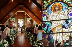 the inside and outside of a church with stained glass windows