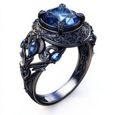 a fancy ring with a blue stone surrounded by filigrees and leaves on an isolated white background