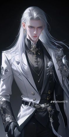 the white haired male character is dressed in black and silver clothing, with long hair