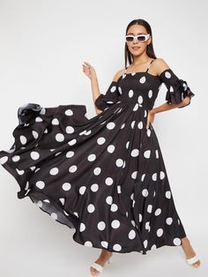 Women Black Base and White Polka Dot Printed Maxi Dress, Indo-Western Dress for women, Flared Maxi Dress, Off Shoulder Maxi Dress VitansEthnics Black Printed Maxi Dress, Black Printed Floor-length Dress, Black Floor-length Printed Dress, Black Printed Maxi Dress For Party, Polka Dot Maxi Dress For Summer Evenings, Summer Evening Polka Dot Maxi Dress, Printed Black A-line Midi Dress, Printed A-line Black Midi Dress, Black Printed A-line Midi Dress