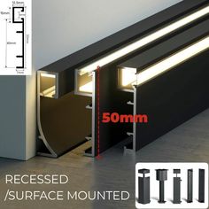 the recessed surface mounted door is shown with measurements for each section, and features an angled