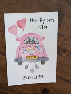 Beautiful watercolour hand painted  pink or blue car wedding day card. You card will be hand painted to order on textured watercolour 300 gsm card. Card size is C5 and it comes with a classic white envelope. The card is blank inside for your own special message.  Each card is carefully hand painted to order. Please note design and colours might slightly vary. Card will be dispatched in a cello bag and a hardback envelope. Each card comes with a hand written "Happily ever after" message and "Just married".  If you wish to add personalised  registration plate happy couples initials please send me a message. Thank you Marta x Watercolor Wedding Cards Handmade, Watercolor Wedding Cards, Diy Wedding Cards, Vintage Wedding Car, Couples Initials, Car Wedding, Vintage Car Wedding, Wedding Carriage, Watercolour Ideas